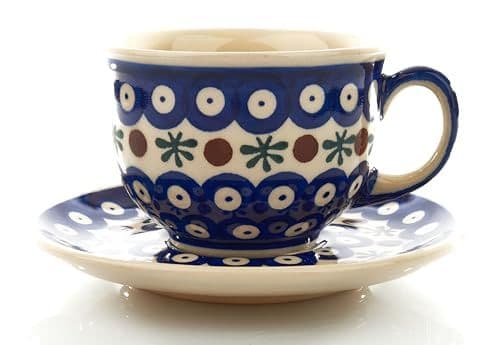 Filiżanka ze spodkiem ceramiczna — pawie oczko z bordiurą